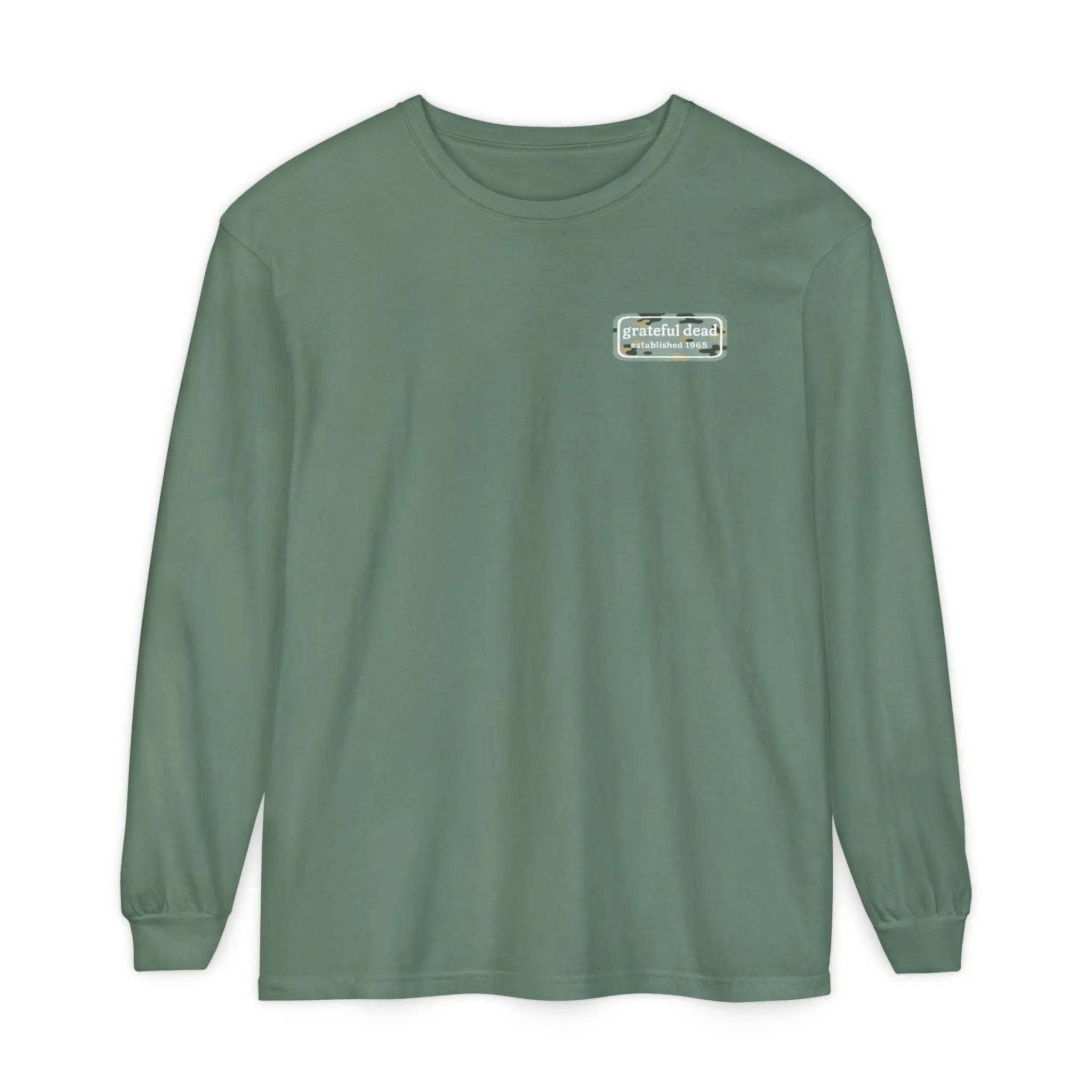 Green long-sleeve shirt, front small chest label, crew neck top