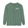 Green long-sleeve shirt, front small chest label, crew neck top