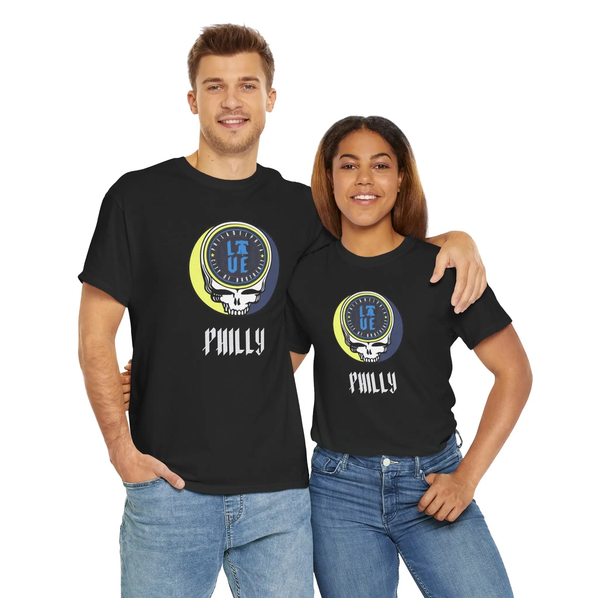 Black Stealie logo T-shirt with circular skull graphic and “Philly” text on chest