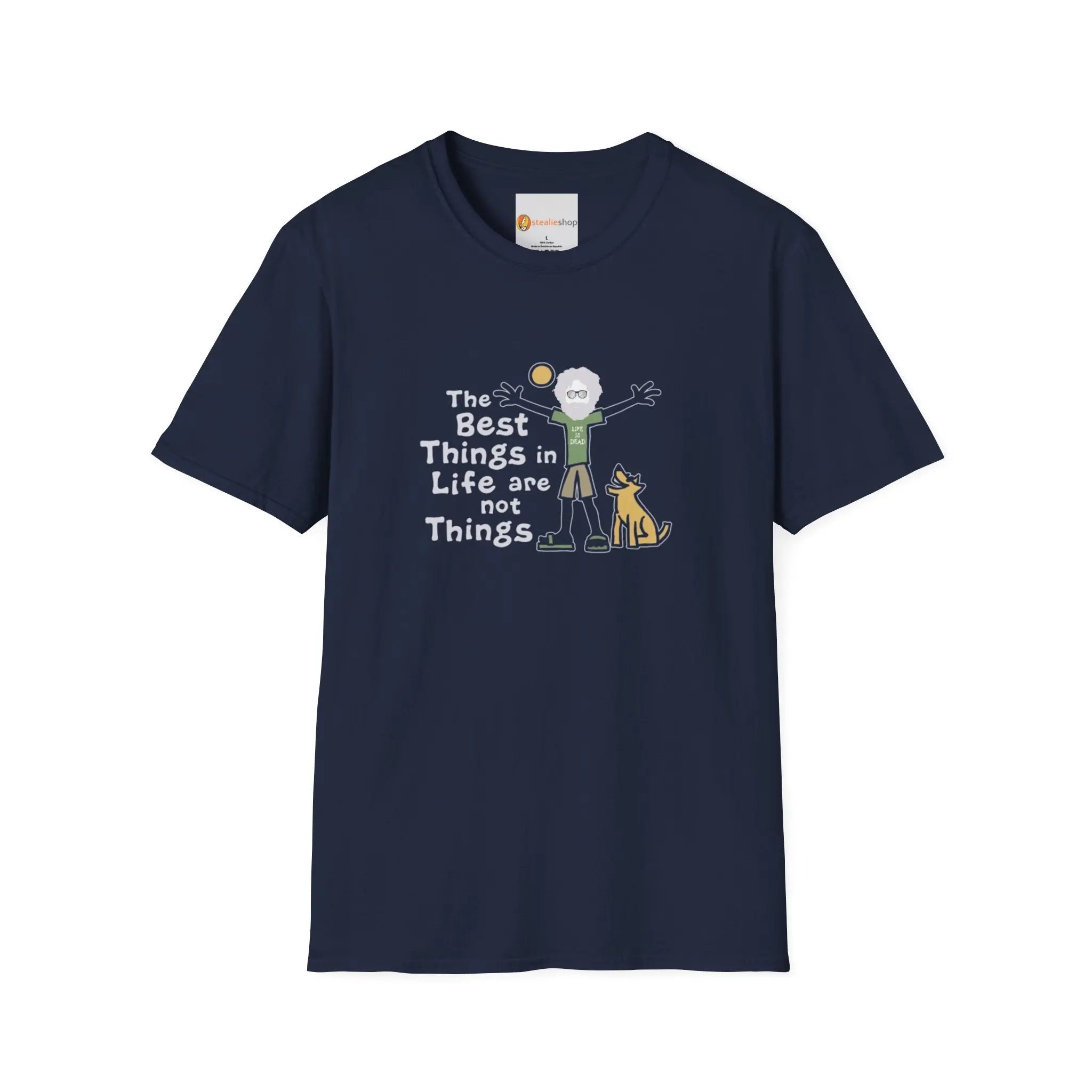Navy graphic T-shirt with crew neck and short sleeves, front slogan and animal art