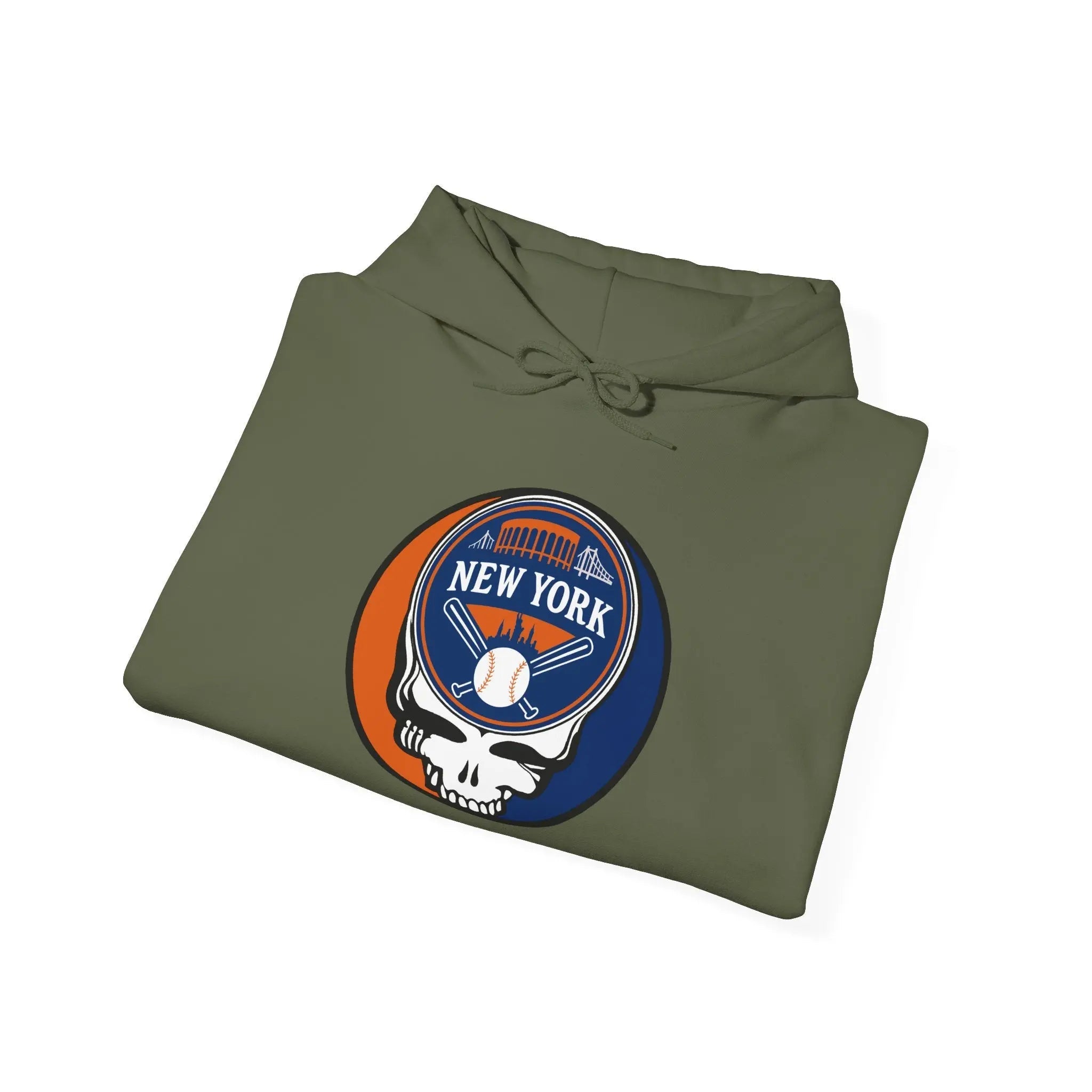 Military green hoodie with adjustable hood, front pouch pocket, New York Mets logo patch