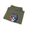 Military green hoodie with adjustable hood, front pouch pocket, New York Mets logo patch