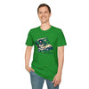 Green graphic T-shirt with colorful cartoon truck and character front print