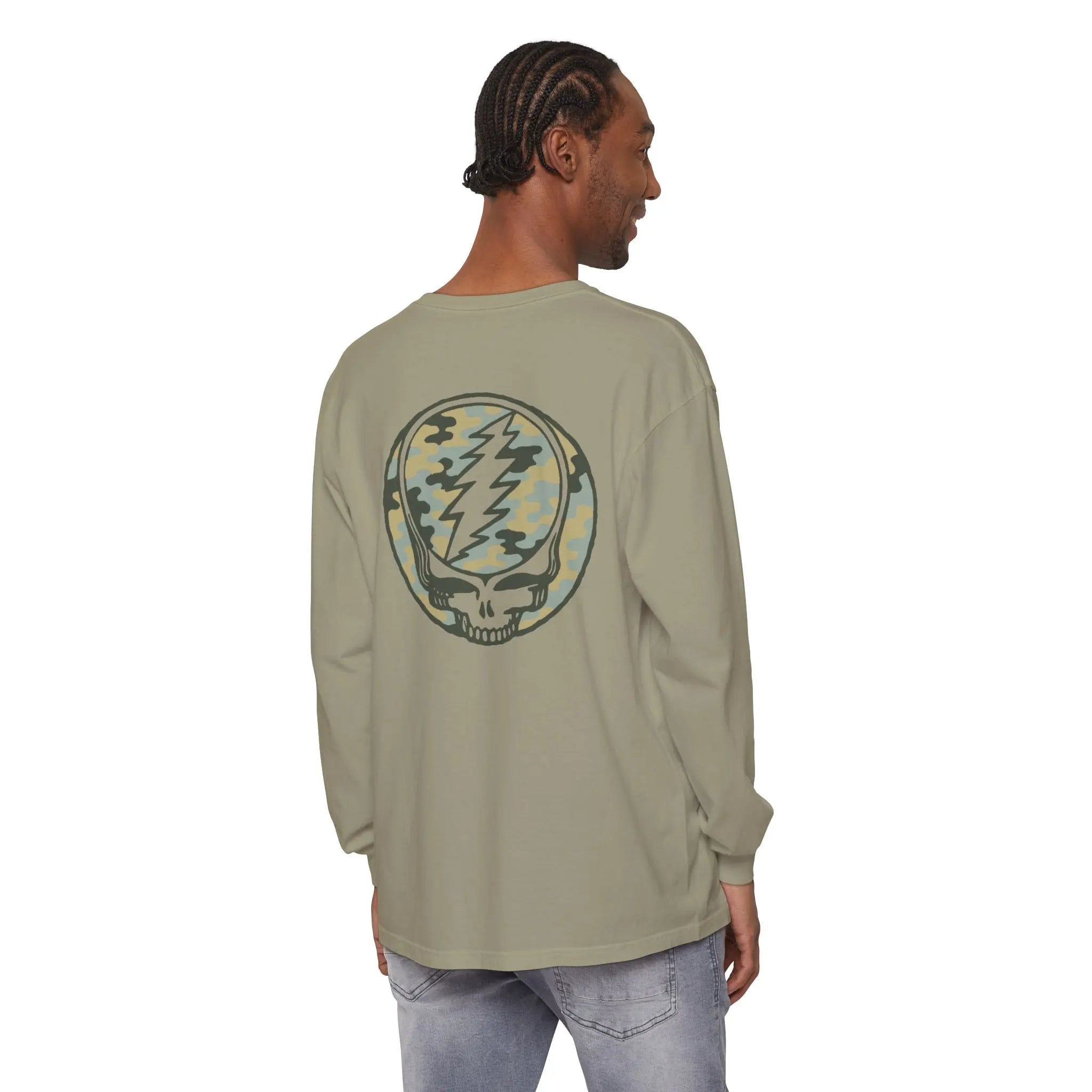 Sandstone long-sleeve T-shirt with large camo skull graphic on the back