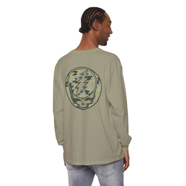 Sandstone long-sleeve T-shirt with large camo skull graphic on the back