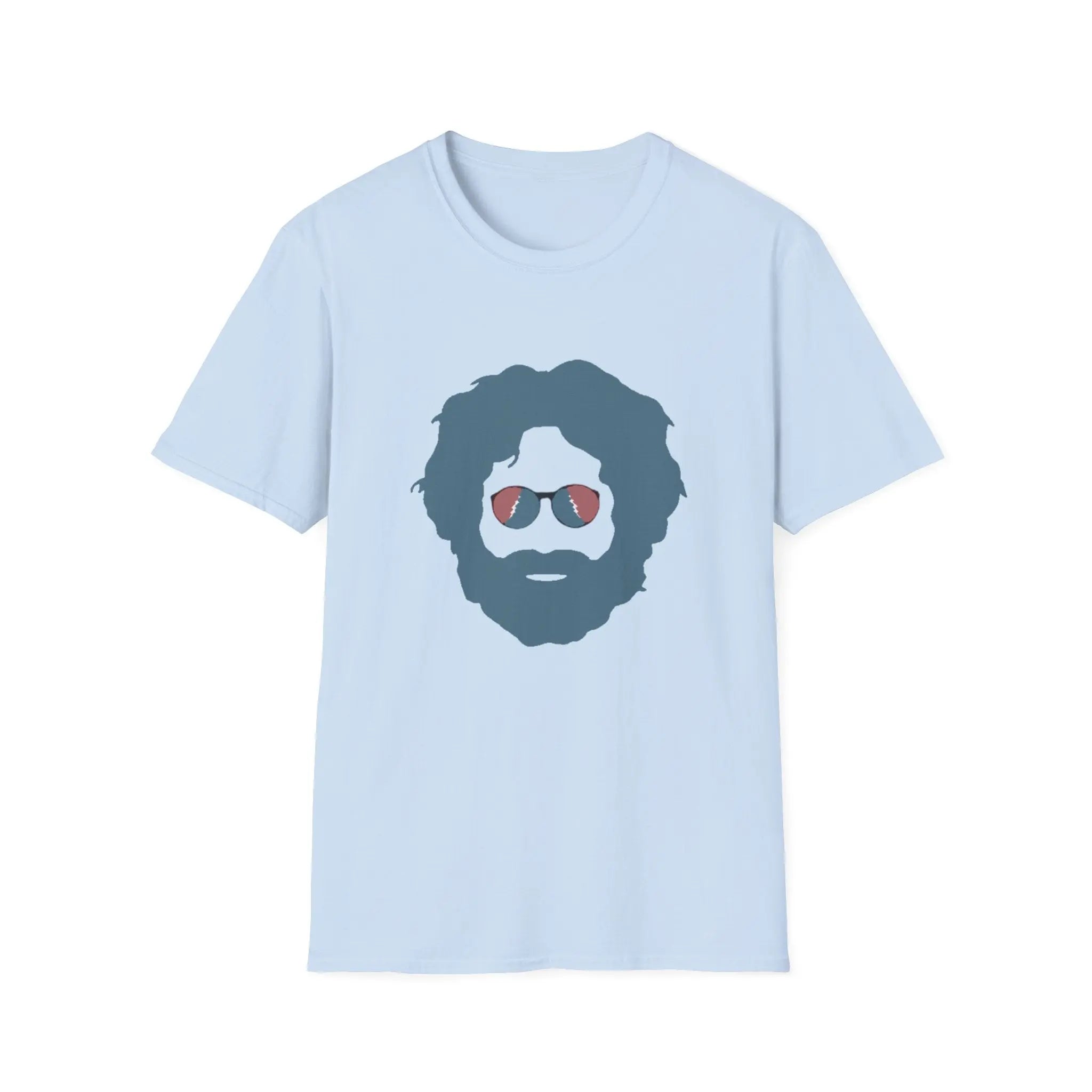 Light blue T-shirt with centered blue bearded face and sunglasses print