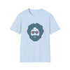 Light blue T-shirt with centered blue bearded face and sunglasses print