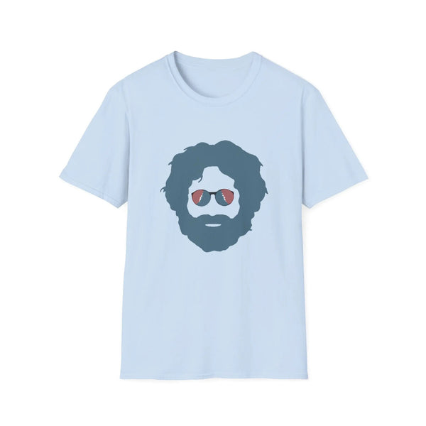 Light blue T-shirt with centered blue bearded face and sunglasses print