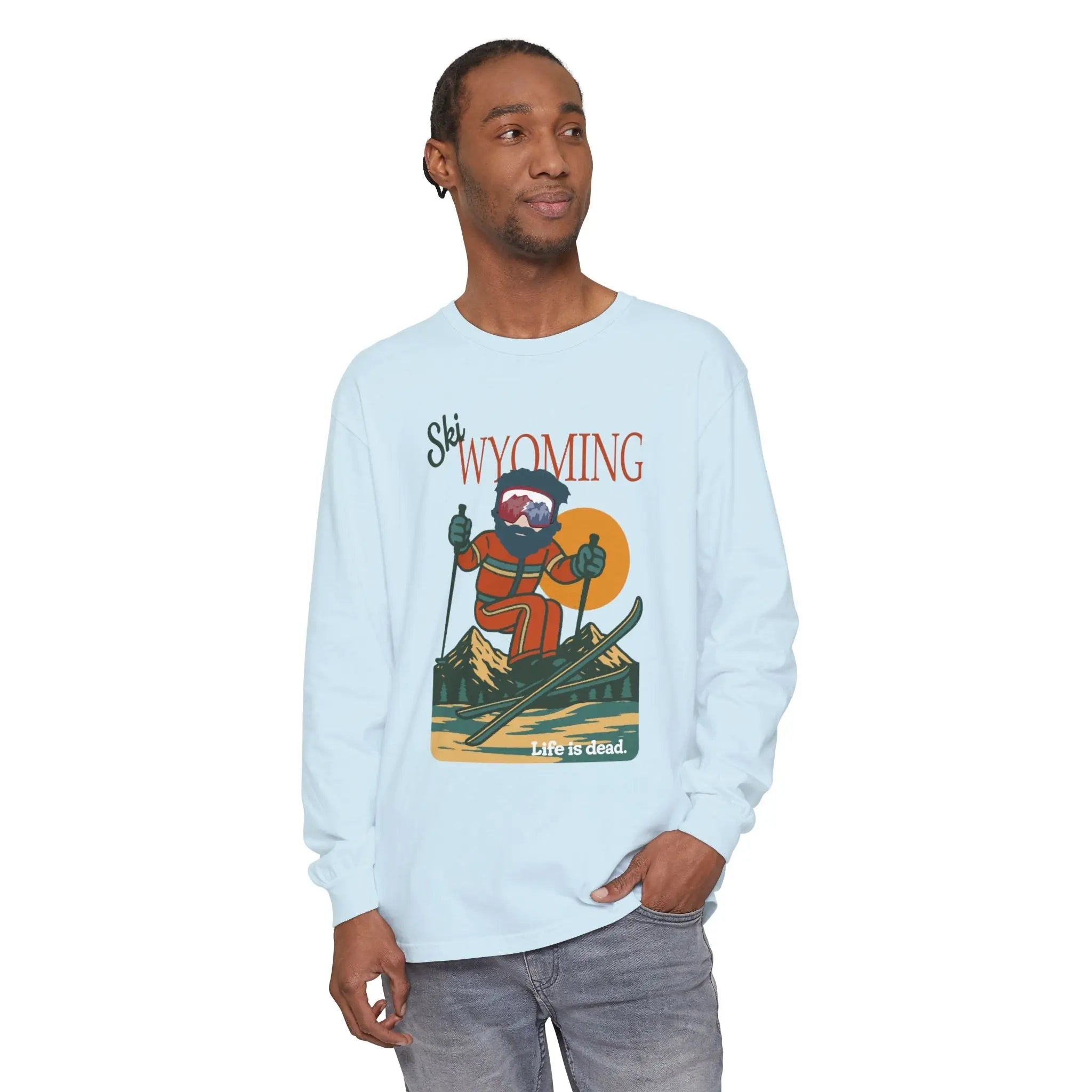 Men's long sleeve graphic T-shirt in light blue, crew neck, printed front art