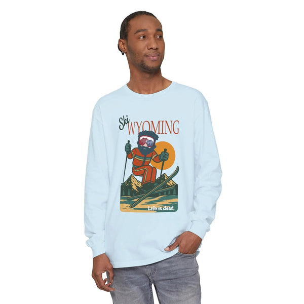 Men's long sleeve graphic T-shirt in light blue, crew neck, printed front art