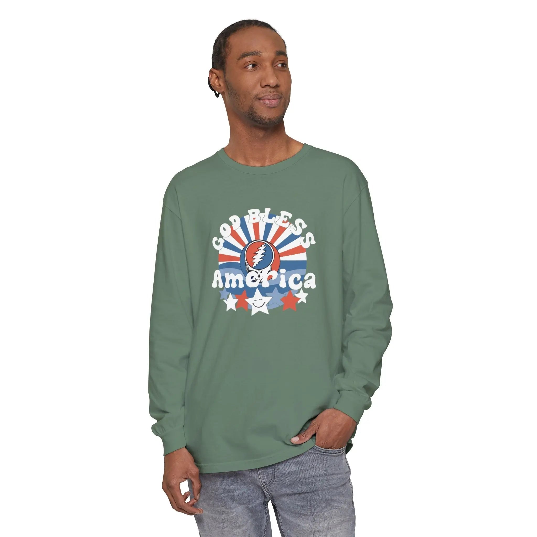 God Bless America long-sleeve T-shirt in light green with patriotic crew graphic