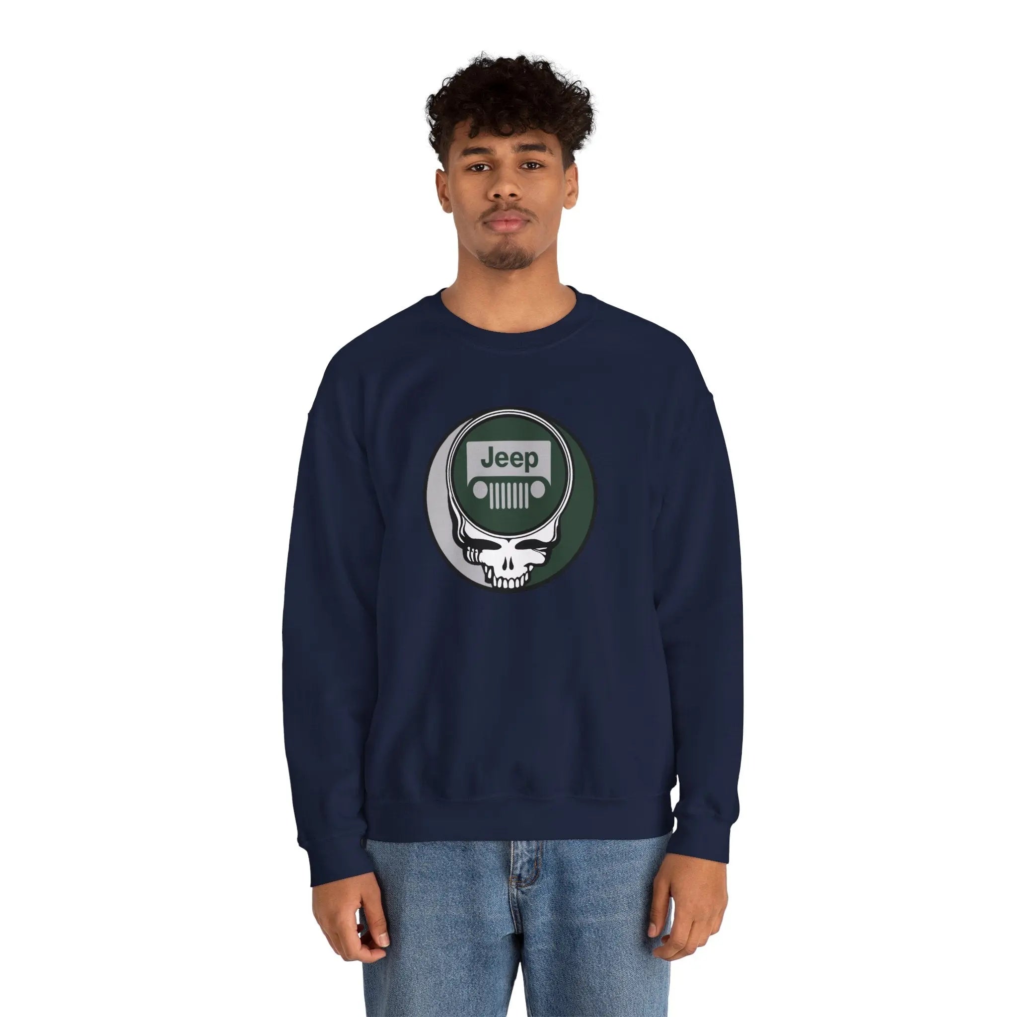 Navy crewneck sweatshirt with Jeep logo front graphic