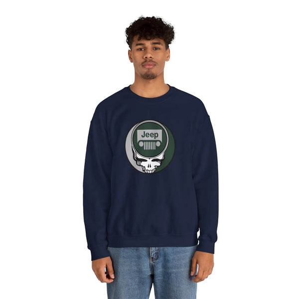 Navy crewneck sweatshirt with Jeep logo front graphic