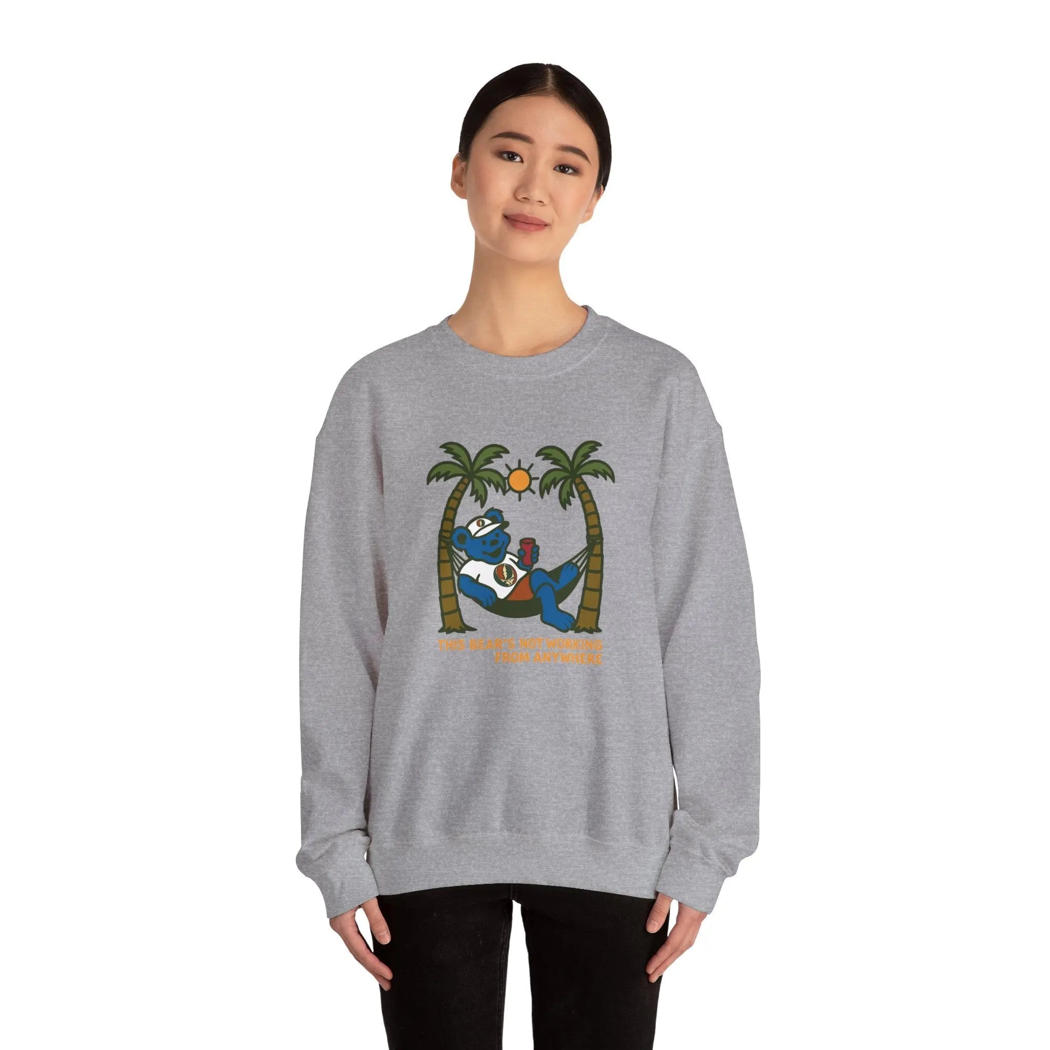 Sport gray crewneck sweatshirt on model, front bear-and-palm graphic