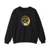 Black crewneck sweatshirt with circular Pittsburgh logo and skull graphic on chest