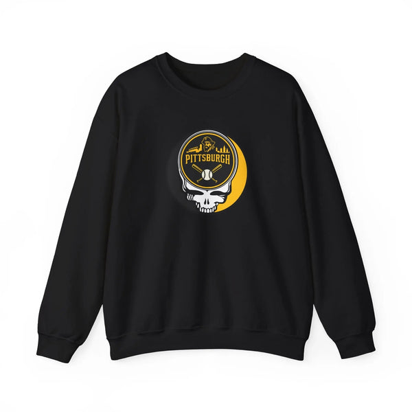 Black crewneck sweatshirt with circular Pittsburgh logo and skull graphic on chest