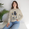 Sand crewneck sweatshirt on model with front “Life is dead.” character graphic