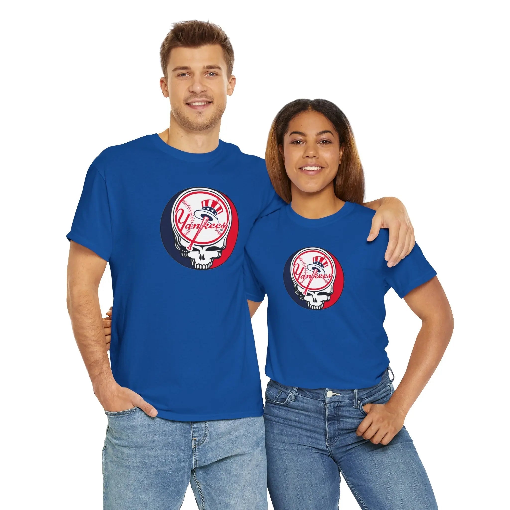 Royal blue T-shirt with Yankees Stealie skull logo graphic on chest