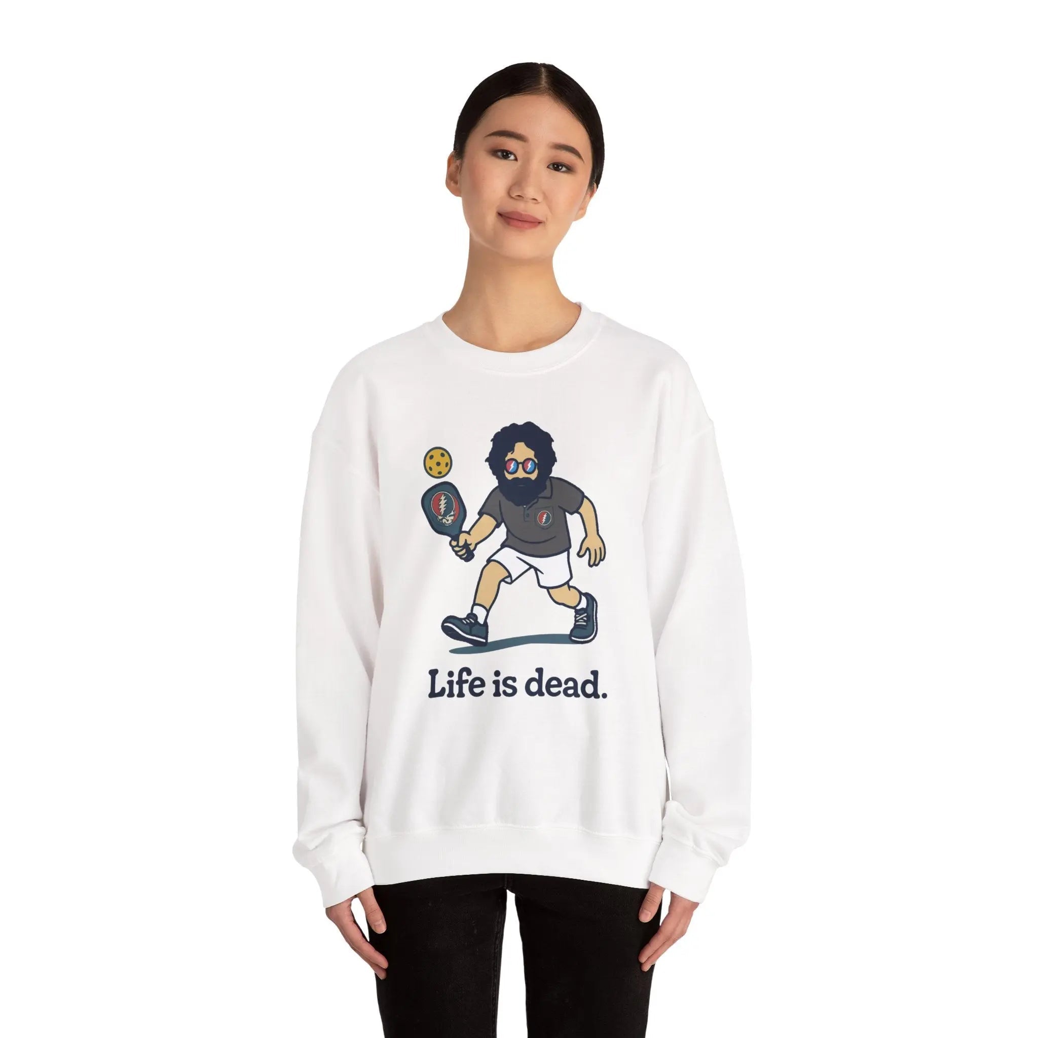 White crewneck sweatshirt with front graphic of a gamer-style character