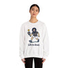 White crewneck sweatshirt with front graphic of a gamer-style character