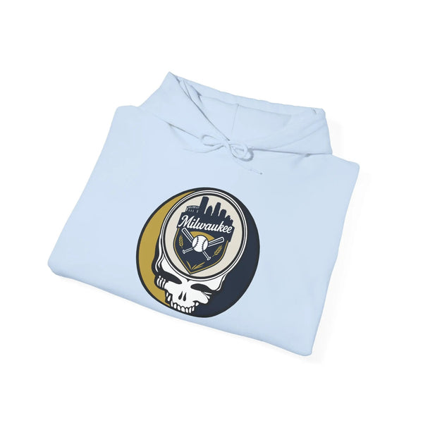 White hoodie with front hood and drawstring, featuring Milwaukee logo graphic.
