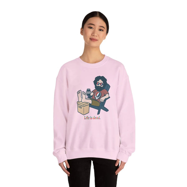 Light pink crewneck sweatshirt with Jerry beer graphic on chest