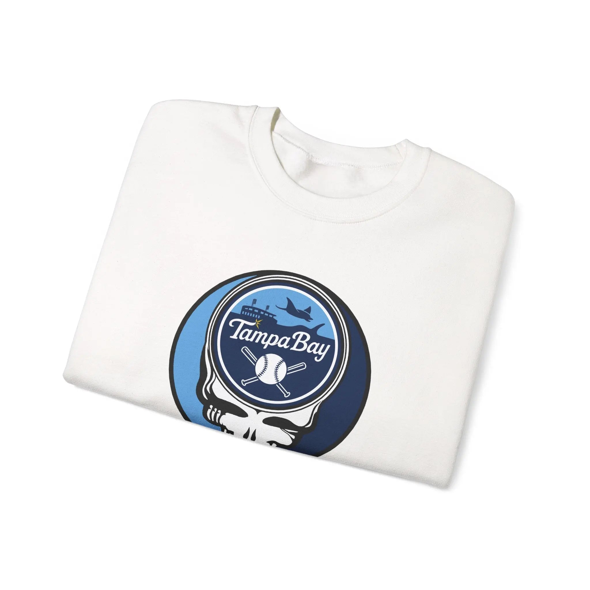 White crewneck sweatshirt with Tampa Bay Rays Stealie circular chest logo