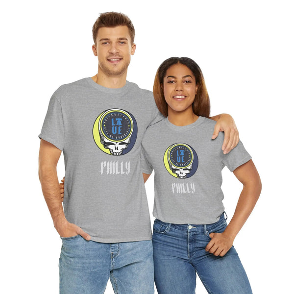 Heather gray Stealie logo T-shirt with circular skull graphic and “Philly” text on chest