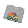 Sport grey crewneck sweatshirt, folded close-up, sea and figure graphic