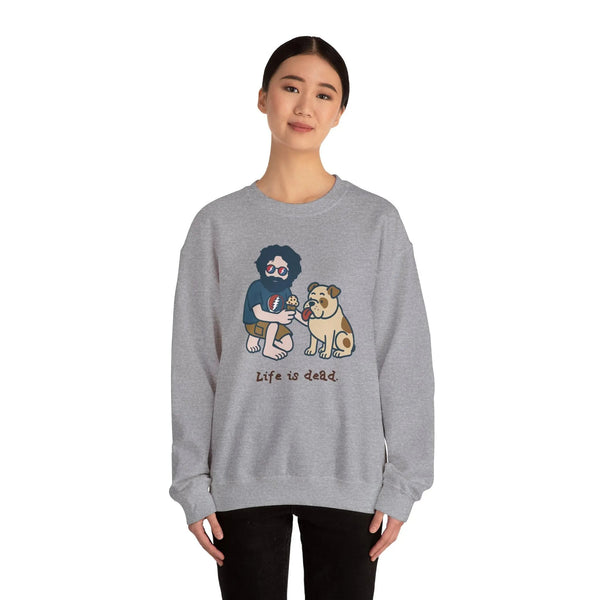 Sport grey crewneck sweatshirt with front cartoon graphic; worn by a female model