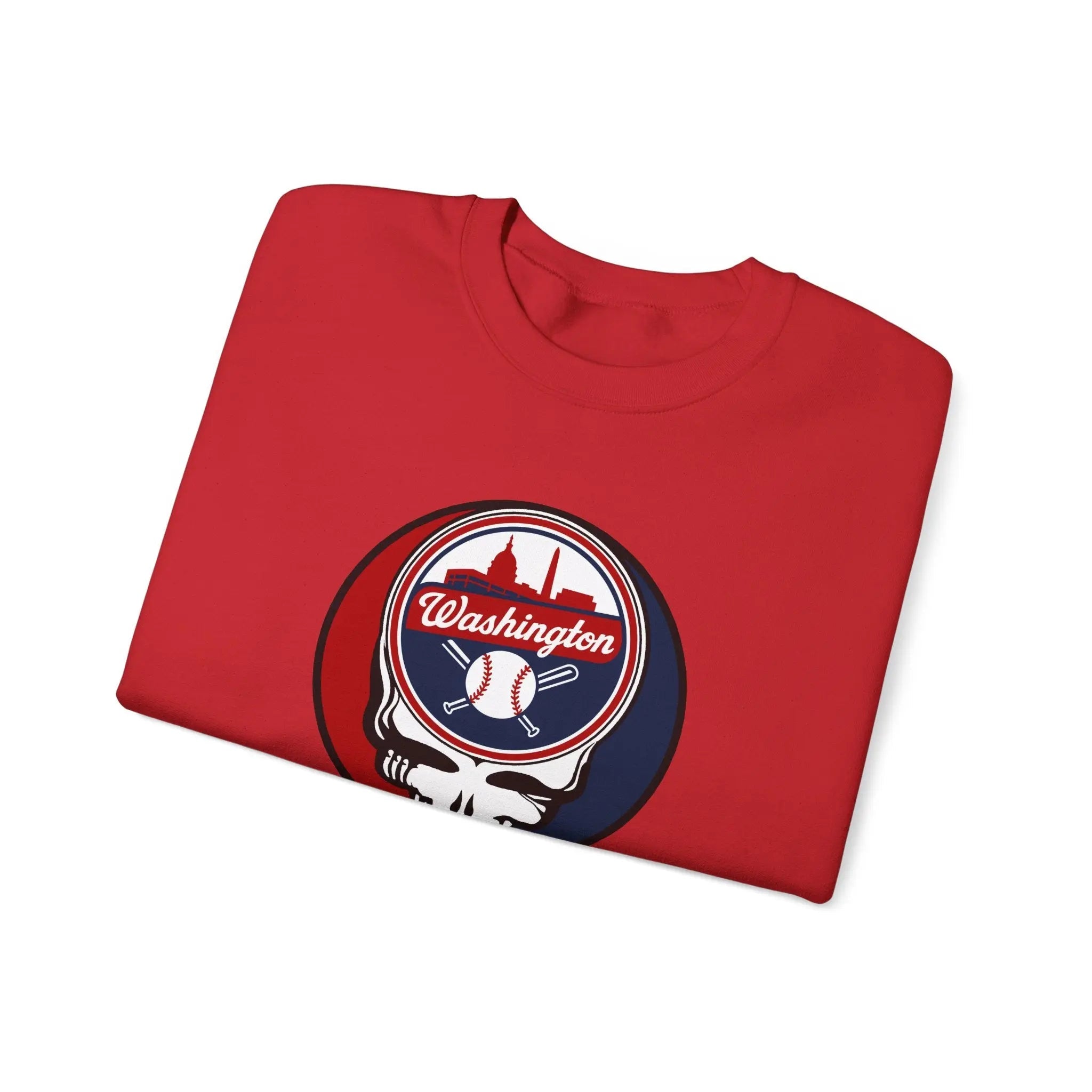 Red crewneck sweatshirt with Washington logo skull graphic print on the chest