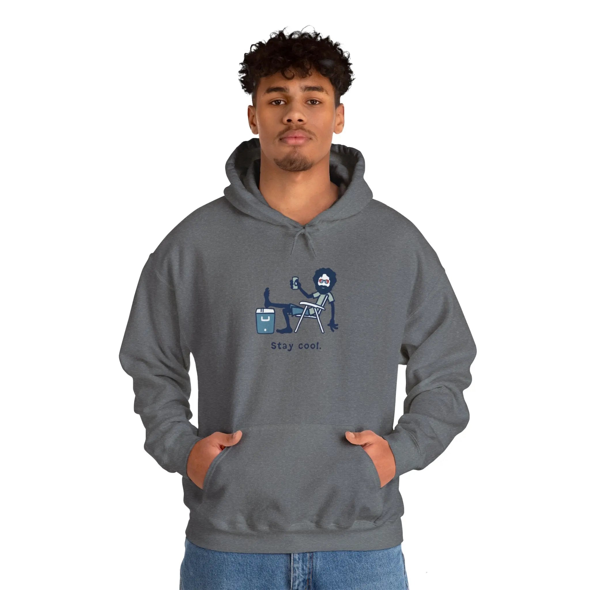Charcoal gray pullover hoodie with kangaroo pocket and Stay cool chest graphic