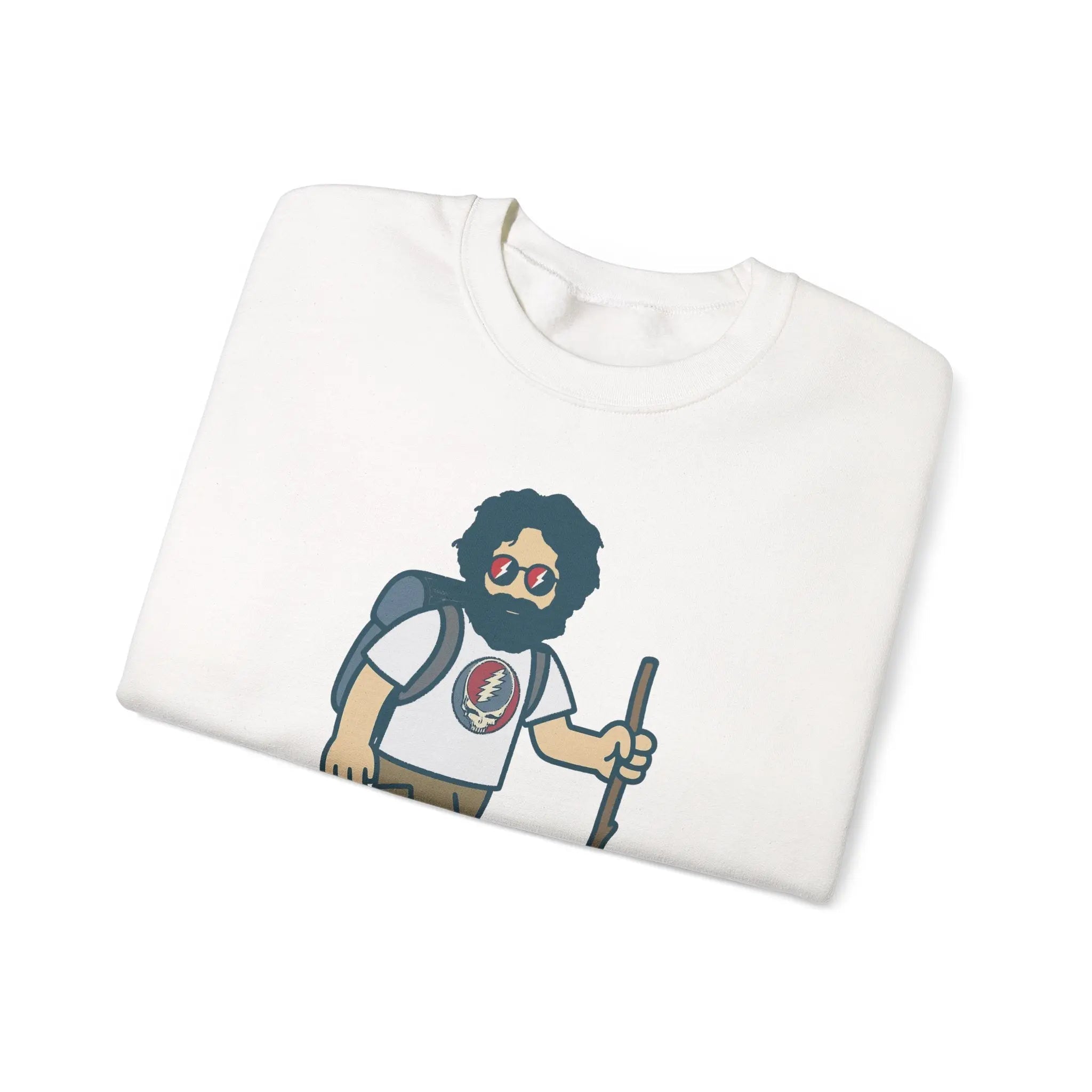 White crewneck sweatshirt folded, featuring bearded hiker graphic on chest