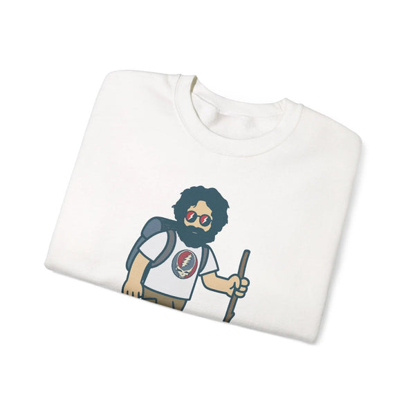 White crewneck sweatshirt folded, featuring bearded hiker graphic on chest