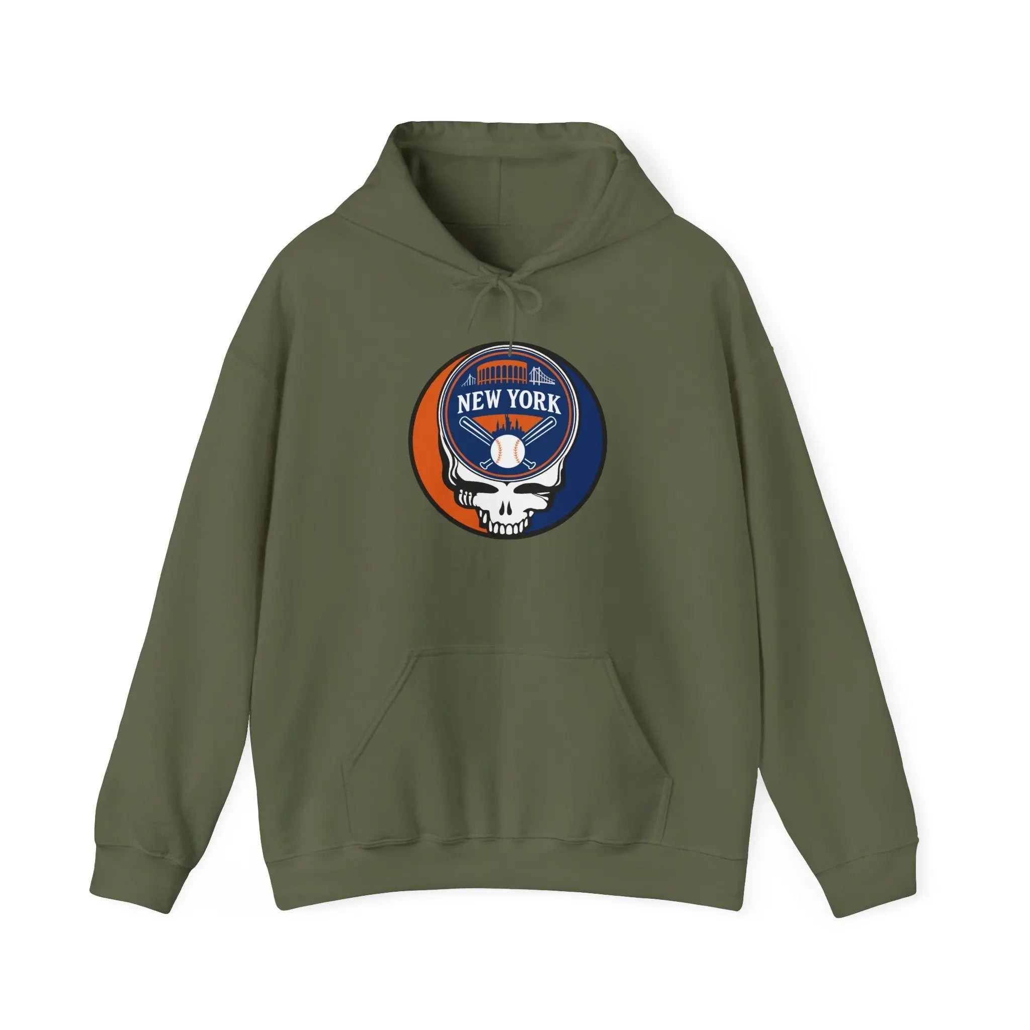New York Mets hoodie in military green with front Stealie skull logo