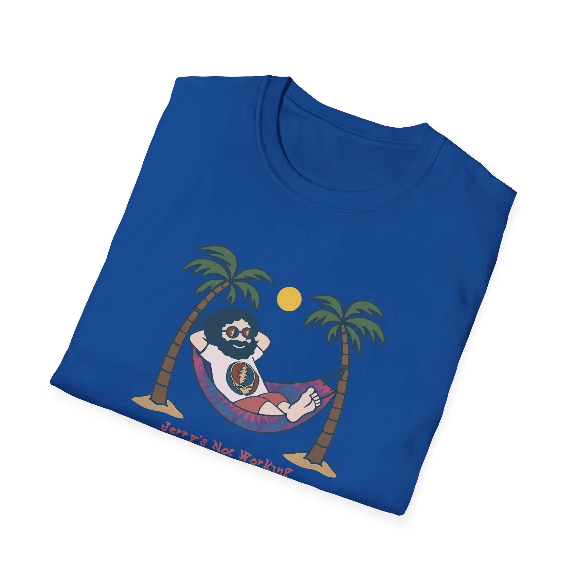 Royal blue crewneck T-shirt with sloth hammock graphic and palm trees