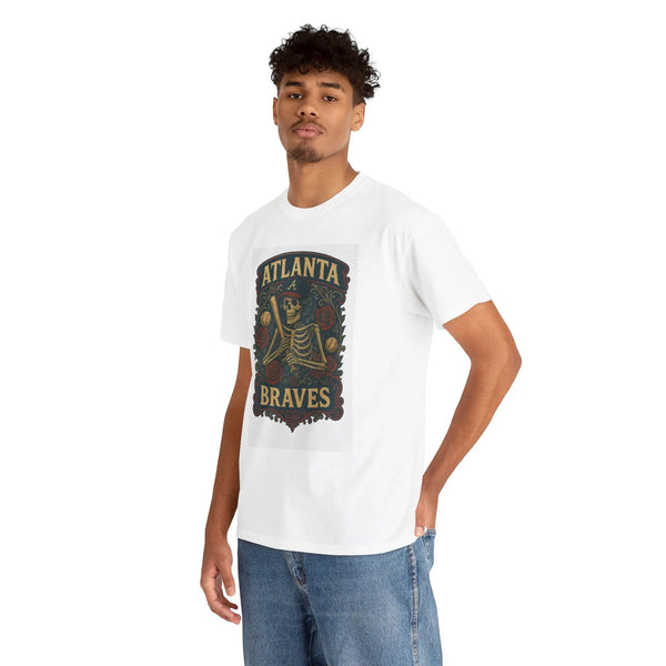 White short-sleeve T-shirt with Atlanta Braves skeleton shield graphic, side view