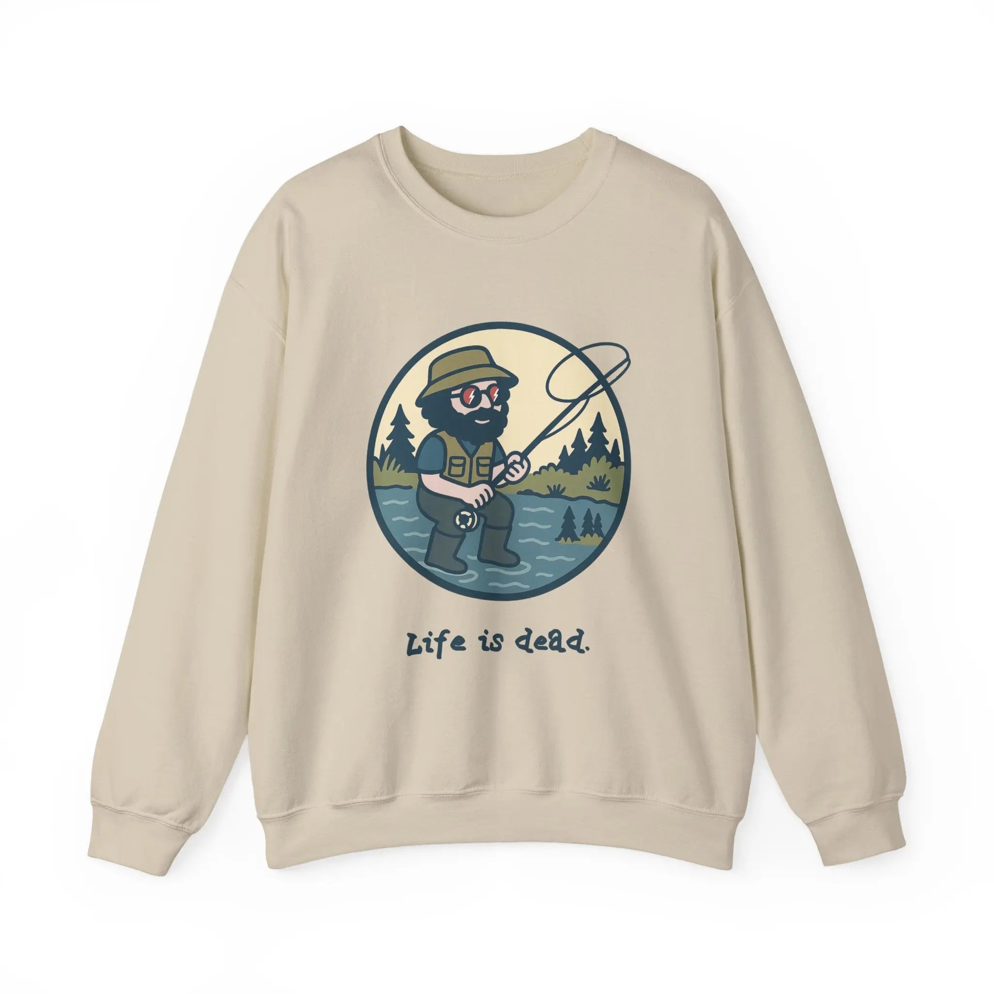Sand crewneck sweatshirt with round fishing graphic and 'Life is dead.'