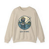 Sand crewneck sweatshirt with round fishing graphic and 'Life is dead.'
