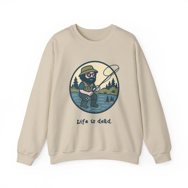 Sand crewneck sweatshirt with round fishing graphic and 'Life is dead.'