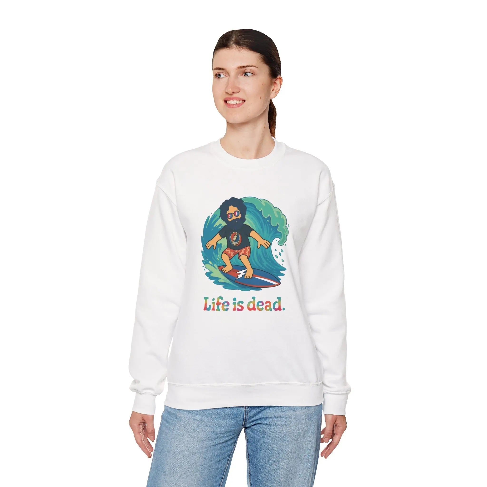 White crewneck sweatshirt with surfing character graphic and Life is dead. text