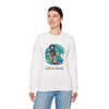 White crewneck sweatshirt with surfing character graphic and Life is dead. text