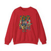 Red crewneck sweatshirt with front band logo graphic print