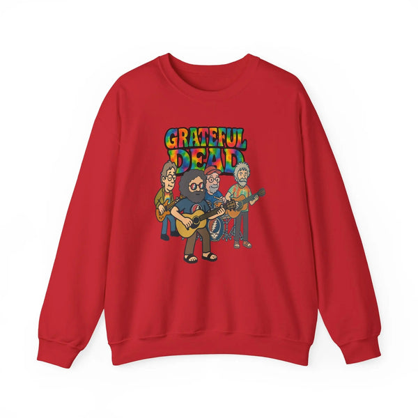 Red crewneck sweatshirt with front band logo graphic print