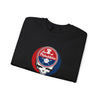 Black crewneck sweatshirt with Stealie skull logo graphic on chest, angled
