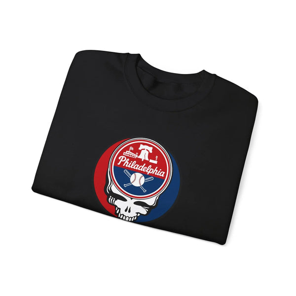 Black crewneck sweatshirt with Stealie skull logo graphic on chest, angled