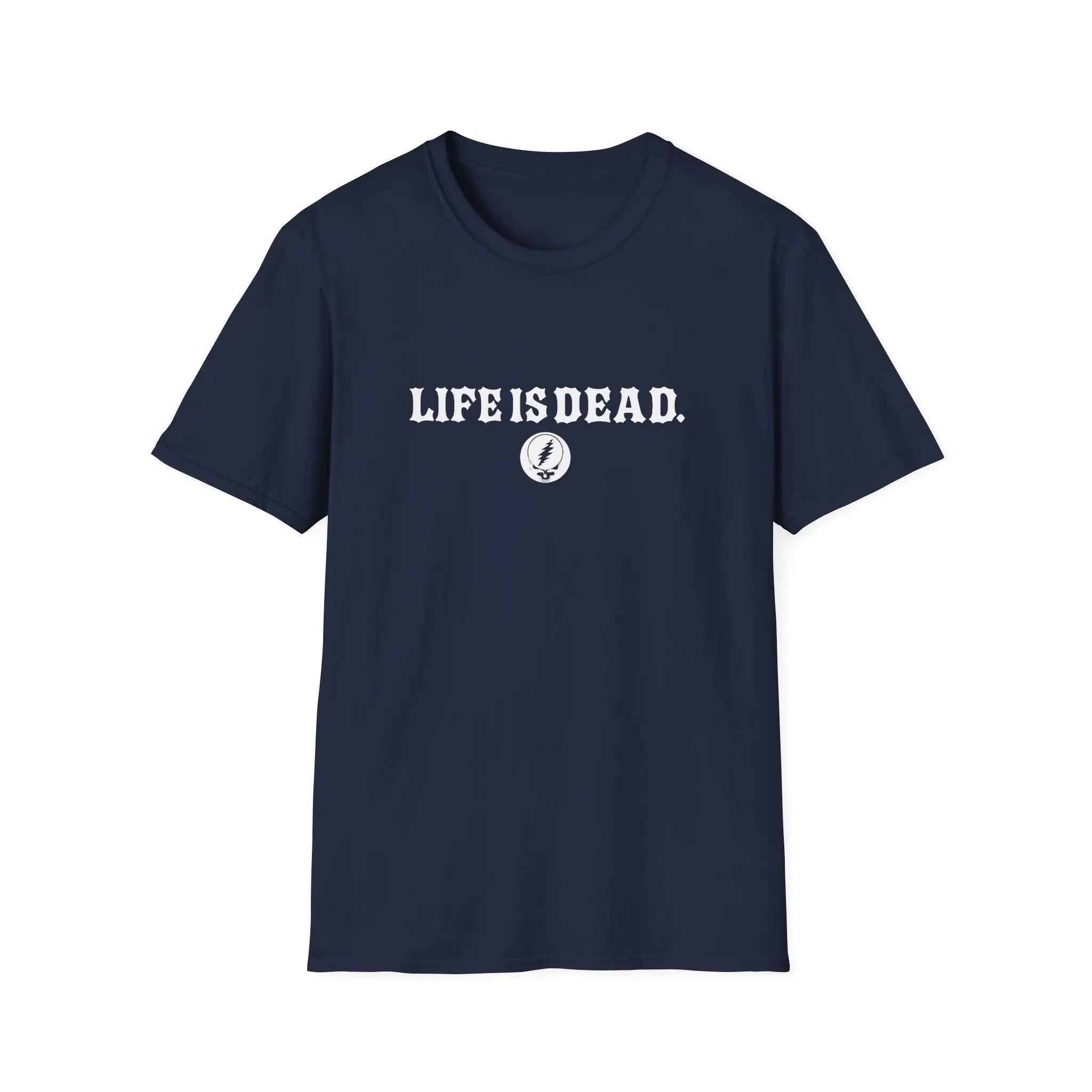 Navy crewneck t-shirt with LIFEISDEAD text and small circular emblem print