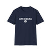 Navy crewneck t-shirt with LIFEISDEAD text and small circular emblem print