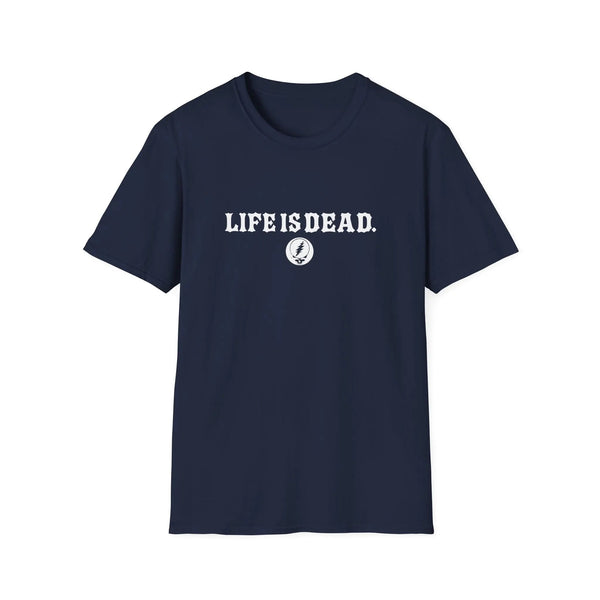 Navy crewneck t-shirt with LIFEISDEAD text and small circular emblem print
