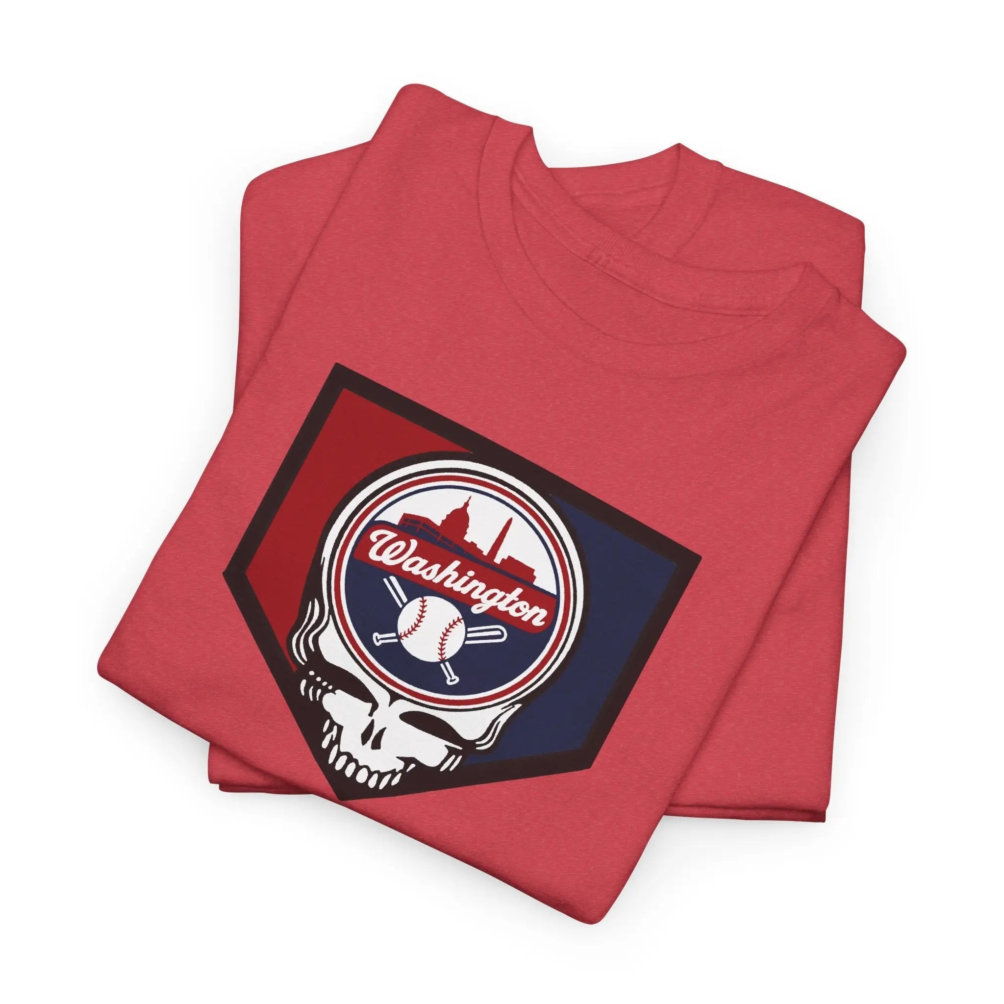 Red short-sleeve T-shirt with large Washington Nationals logo graphic on chest